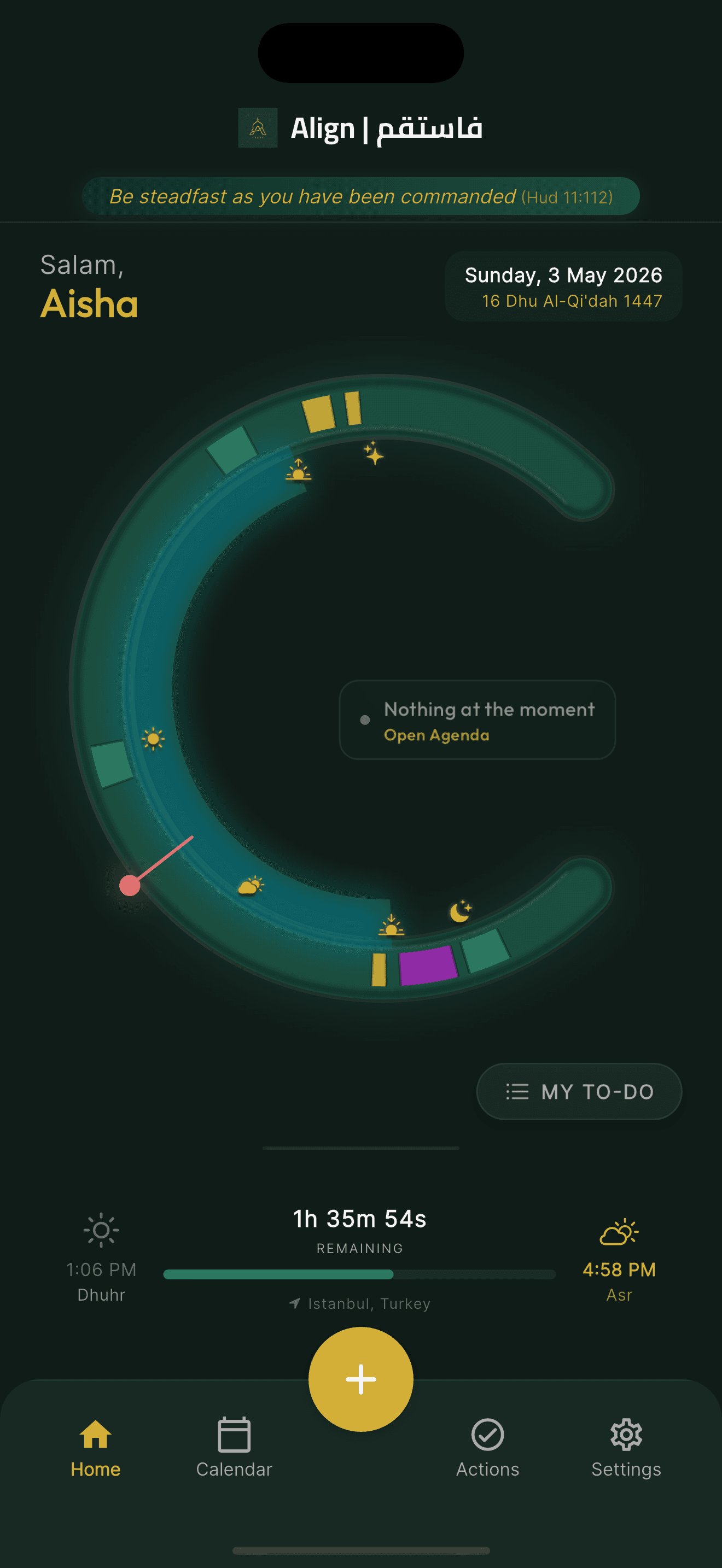 Align main screen — today's prayer-centered timeline
